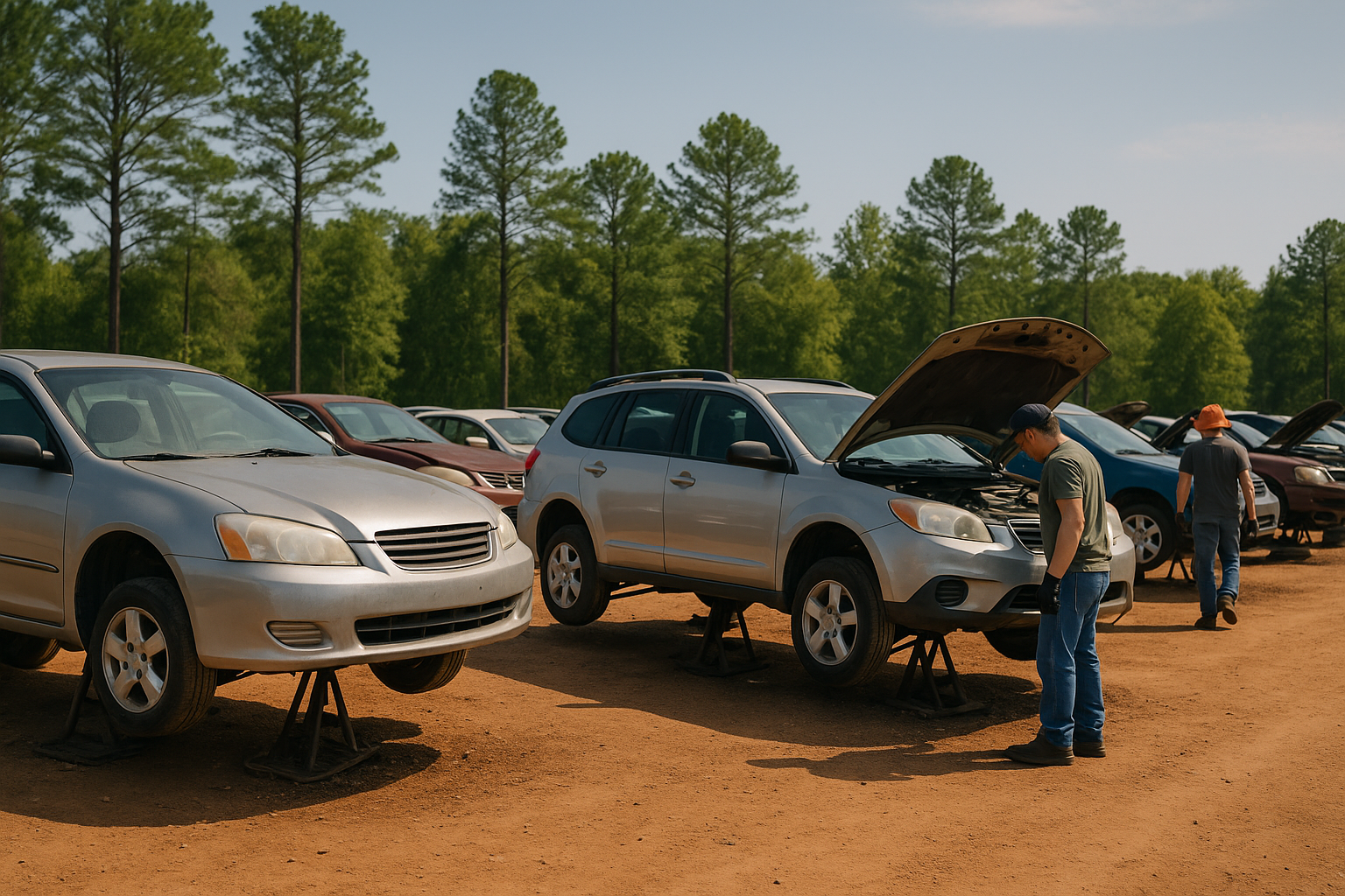 Cars on jacks in a junkyard. People looking under the hoods of vehicles on a sunny day.