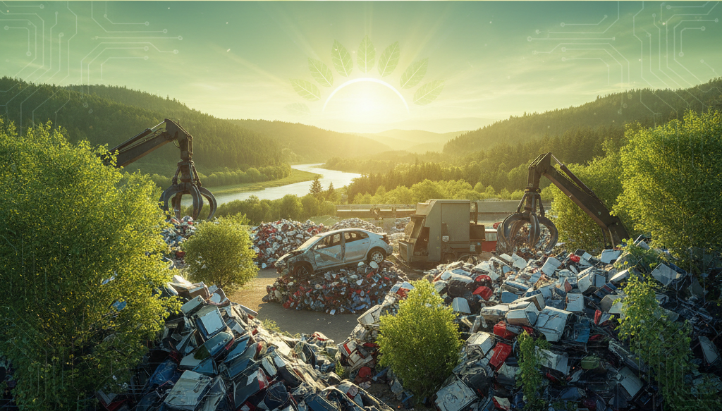 A sunny junkyard scene with grappling arms and a river, set in a lush green valley.