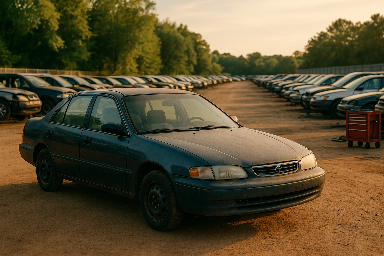 Blue sedan parked in a junkyard filled with other cars under a warm, sunny sky.