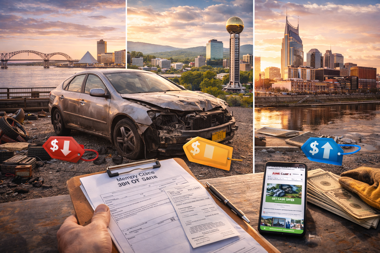 Collage of damaged car, clipboard, and cash with city skylines. Red and yellow price tags; a phone displays a website.