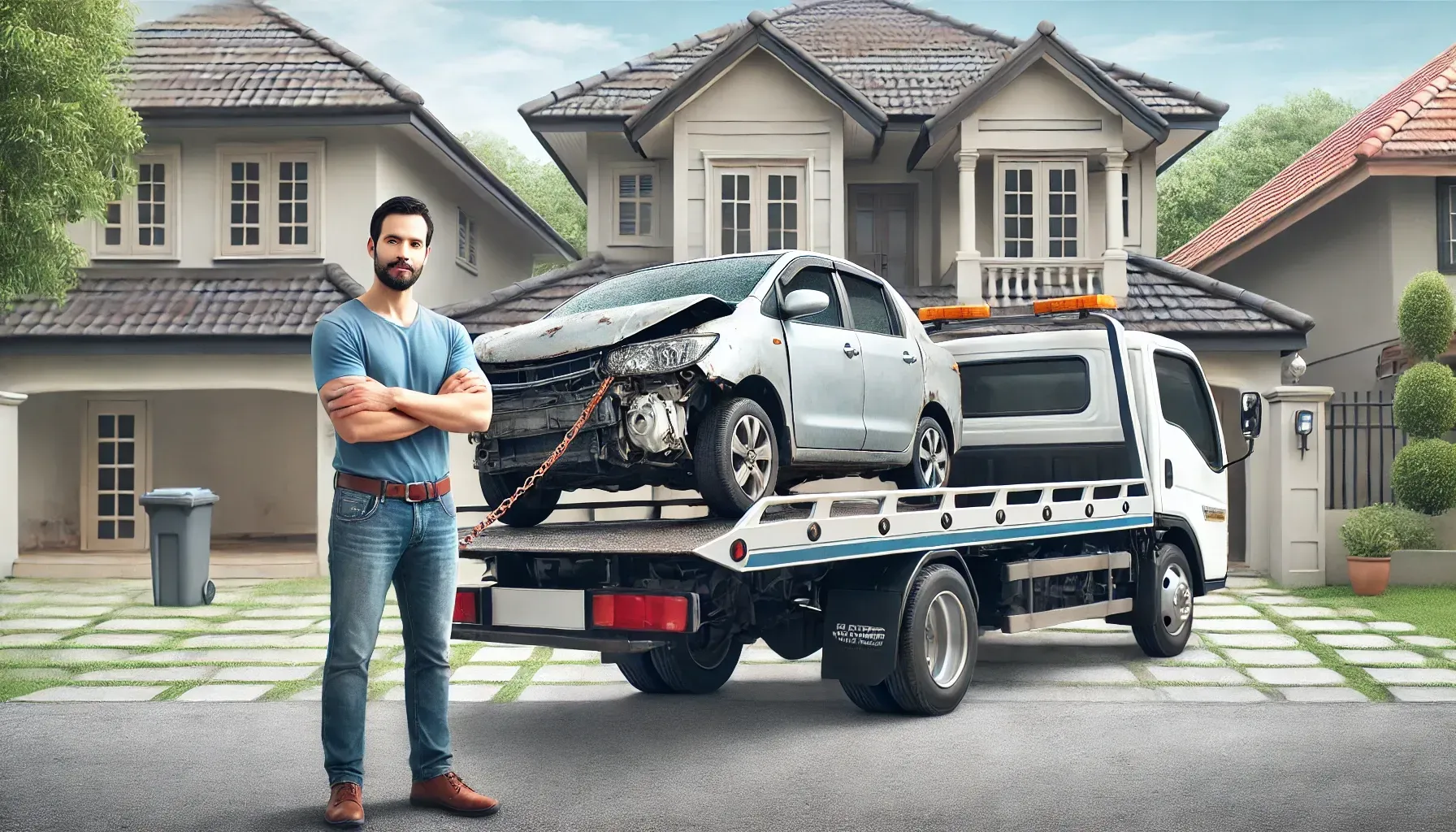 A man is standing in front of a tow truck with a car on it.