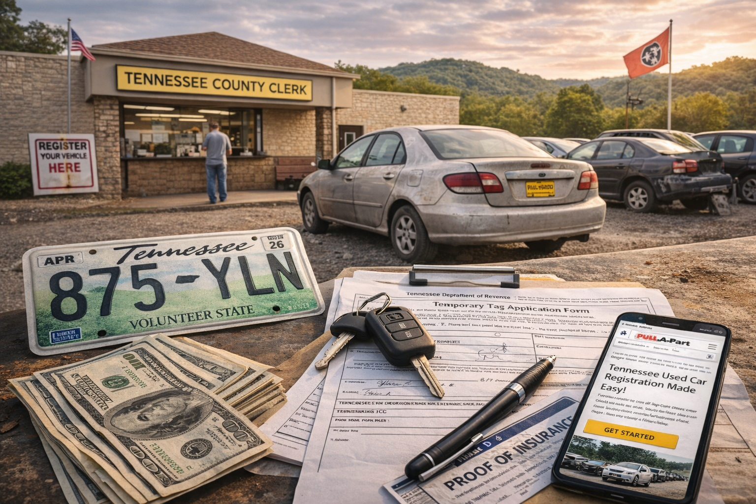 Car registration scene: Tennessee County Clerk office, car, license, cash, forms, keys, phone with ad.
