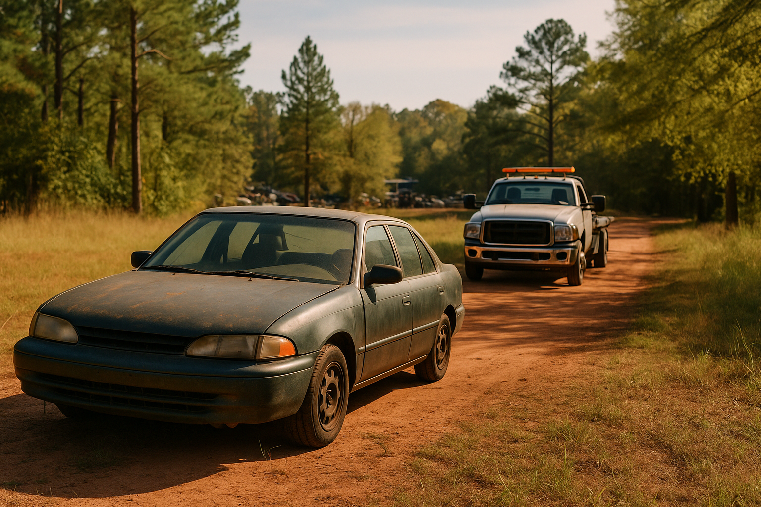 A green sedan being towed by a tow truck on a dirt road in a wooded area.