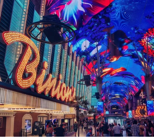 Binions Casino on Fremont street in Las Vegas. Button has a link to local downtown events