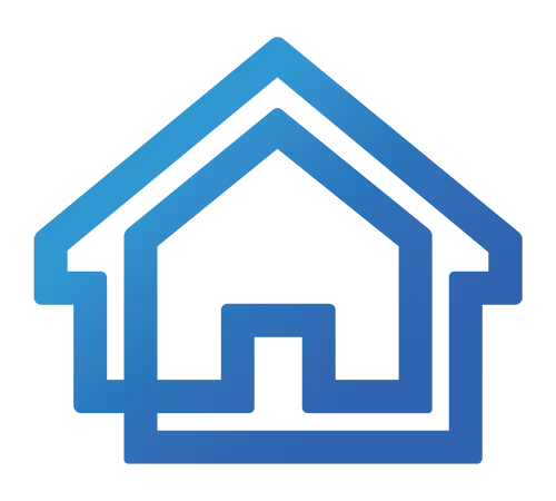 A blue and white icon representing fair housing on a blue background.