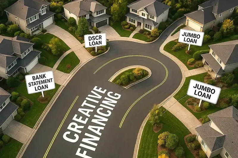 An aerial view of a residential neighborhood with the words creative financing written on the road