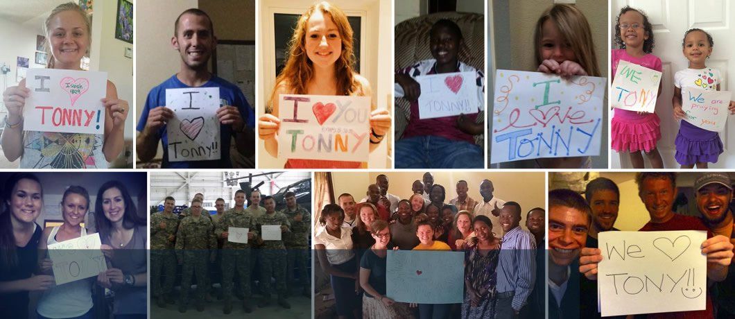 A collage of people holding signs that say i love tony