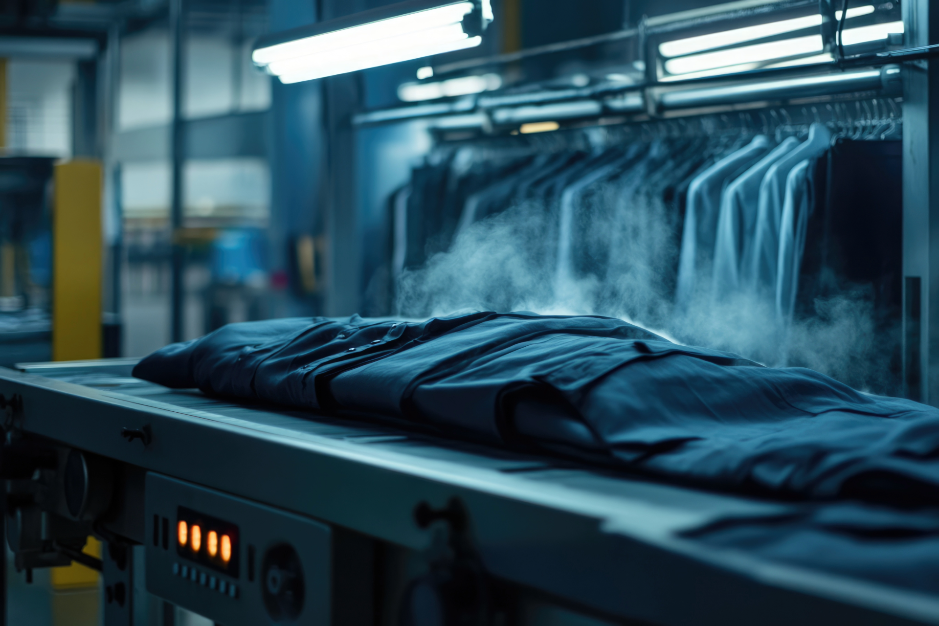 Ein mit Kleidung gefülltes Förderband in einer Fabrik, bei der Clean Factory Tempelhof