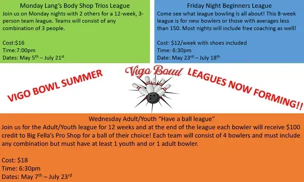 Bowling league flyers for Vigo Bowl, each with details on days, times, and costs.