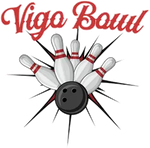 A logo for vigo bowl with a bowling ball and pins