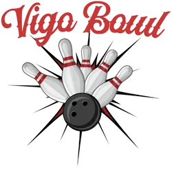 A logo for vigo bowl with a bowling ball and pins