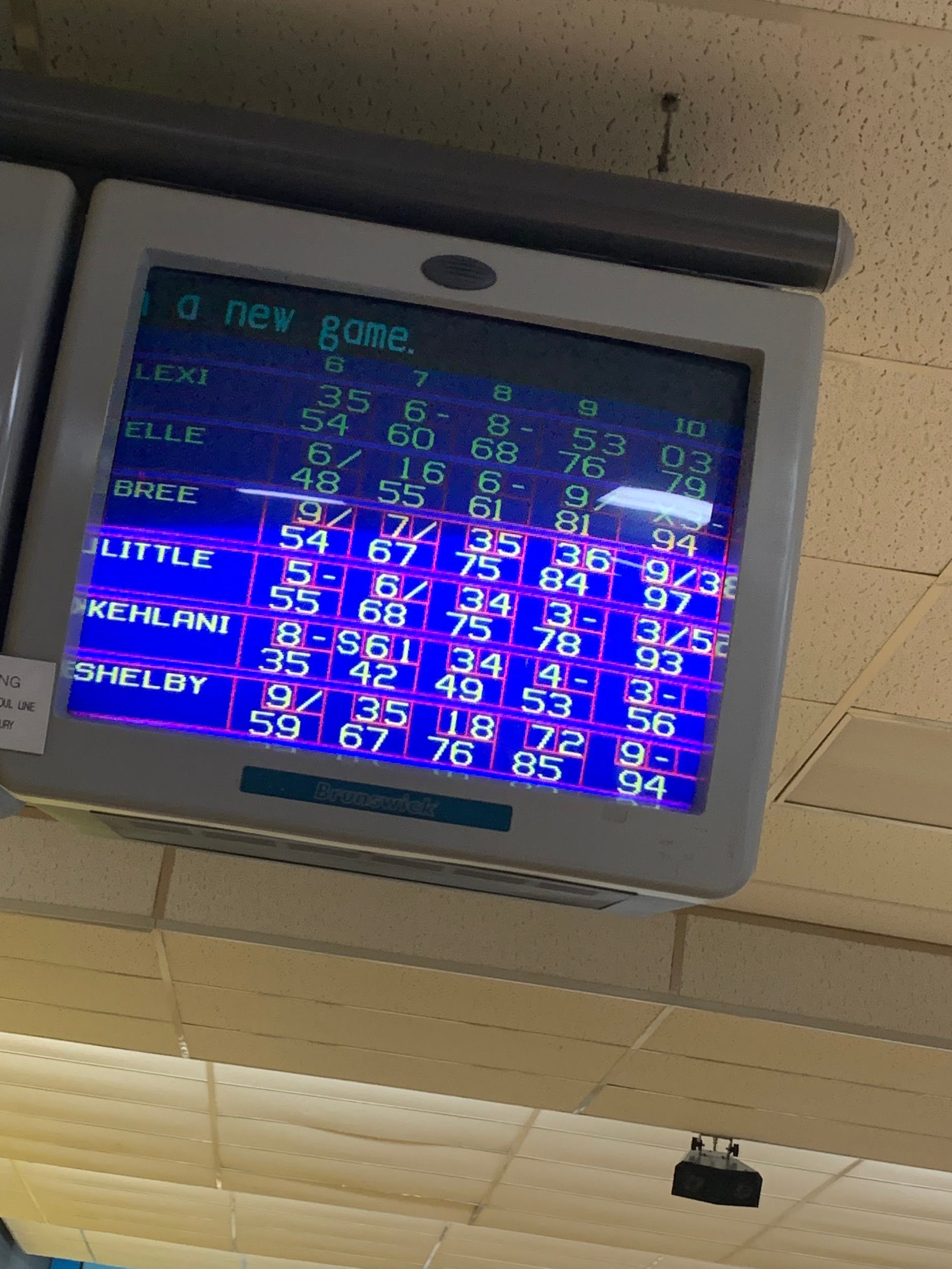 A bowling alley scoreboard shows that the game is over