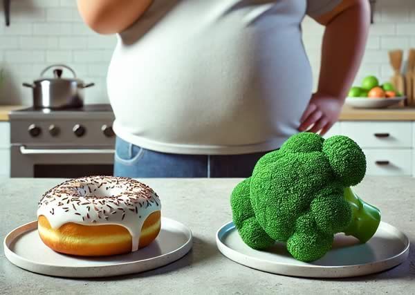 A man is standing in front of a plate of broccoli and a plate of donuts.