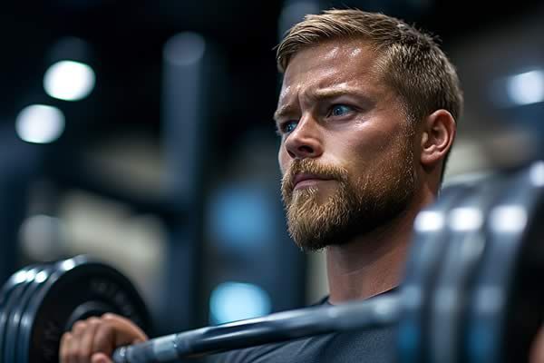 A man with a beard is lifting a barbell in a gym.