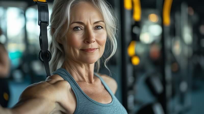 An older woman is doing exercises in a gym.