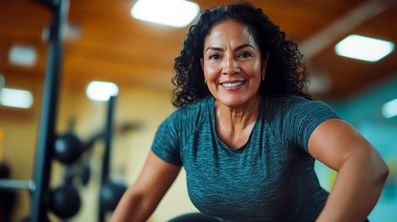 A woman is smiling while riding an exercise bike in a gym.