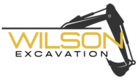 Logo for Wilson Excavation with excavator arm and gold text on a white background.