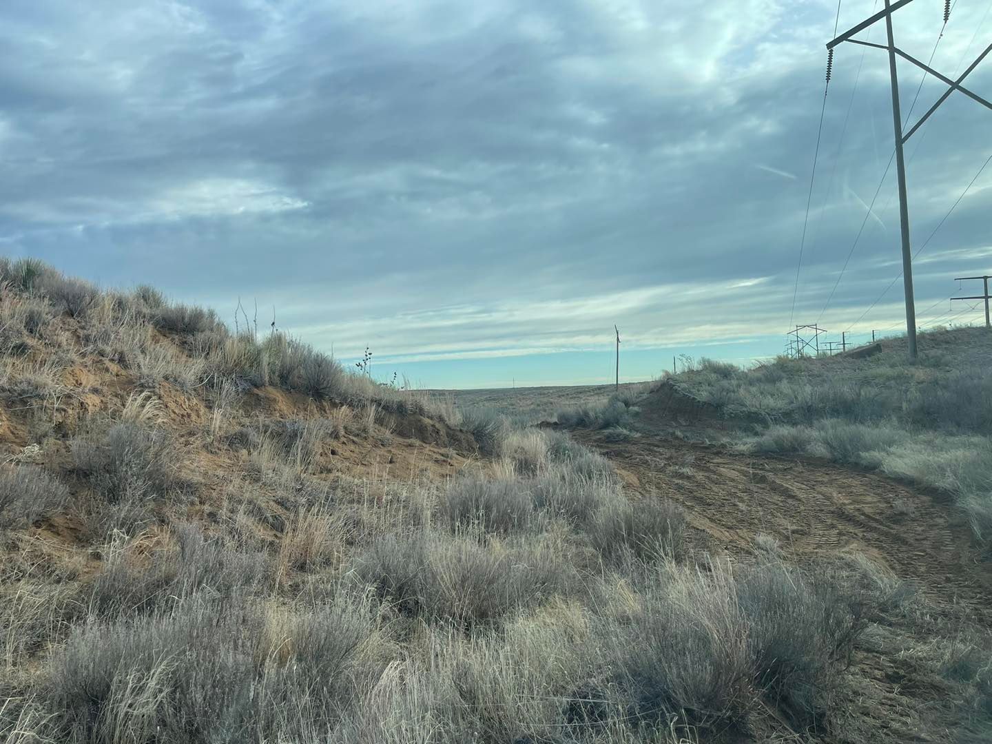 Overcast sky over a brown hillside with scrub brush. Power lines in the distance.