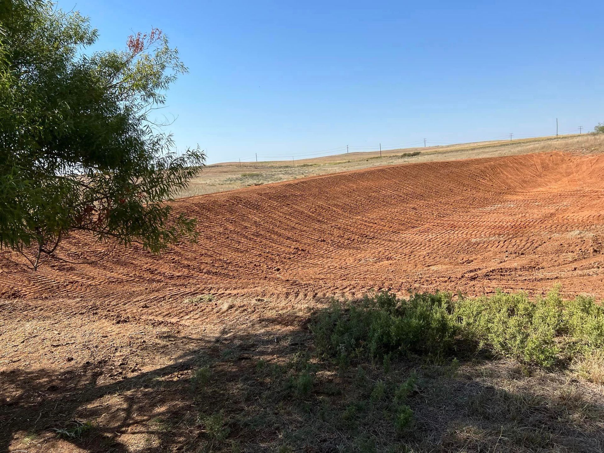Tilled red soil on a hillside under a clear blue sky. A tree and small bushes in the foreground.