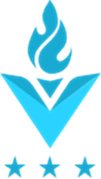 a blue logo with a flame and three stars on a white background .