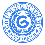 a blue logo for gotch seo academy accelerator