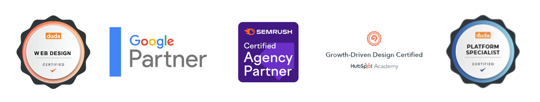 Enlightworks certification badges for Duda, Google, HubSpot and Semrush