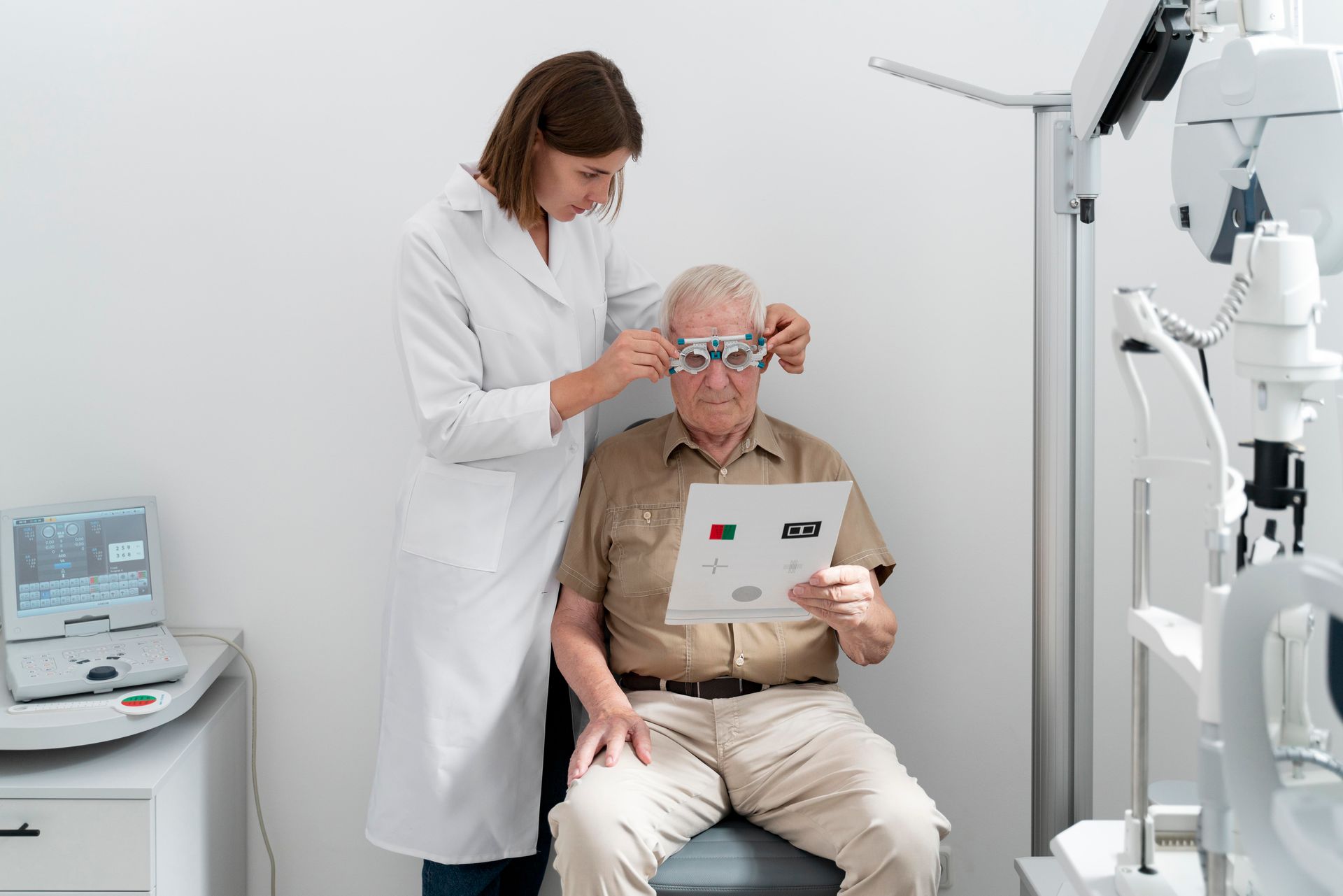 An older man is getting his eyes examined by an ophthalmologist.