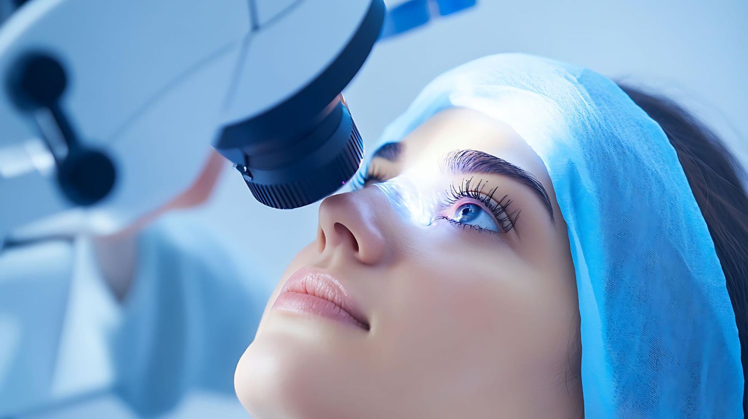 A woman is looking through a microscope at her eyes.