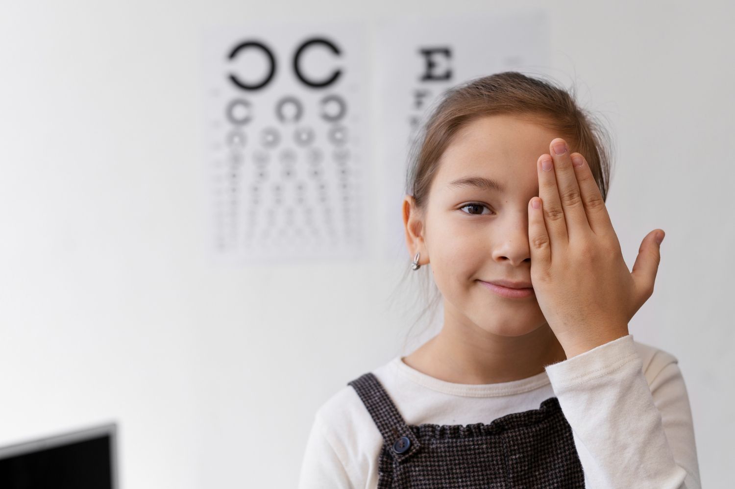 A little girl is covering her eye with her hand.