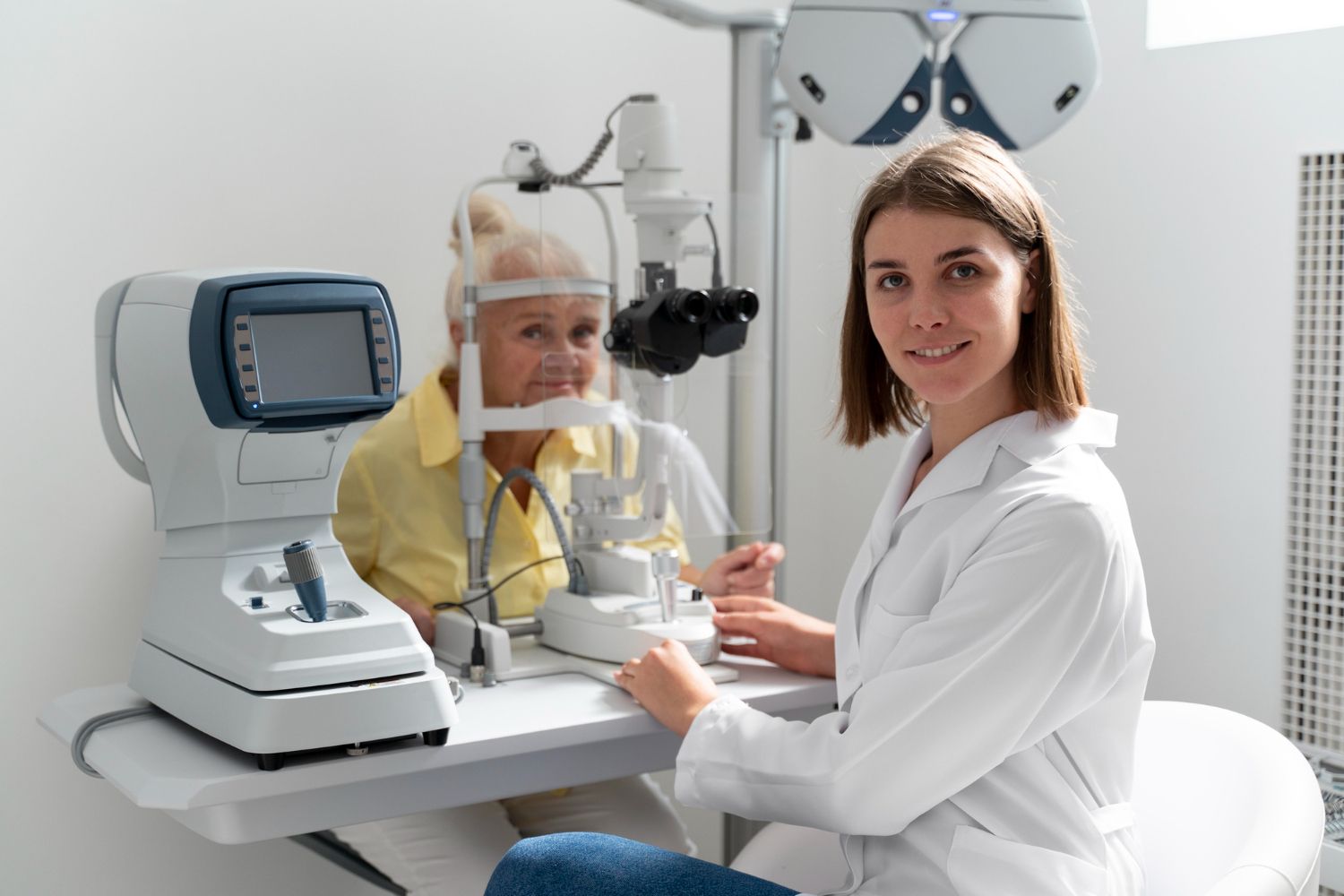 A woman is getting her eyes examined by an ophthalmologist.