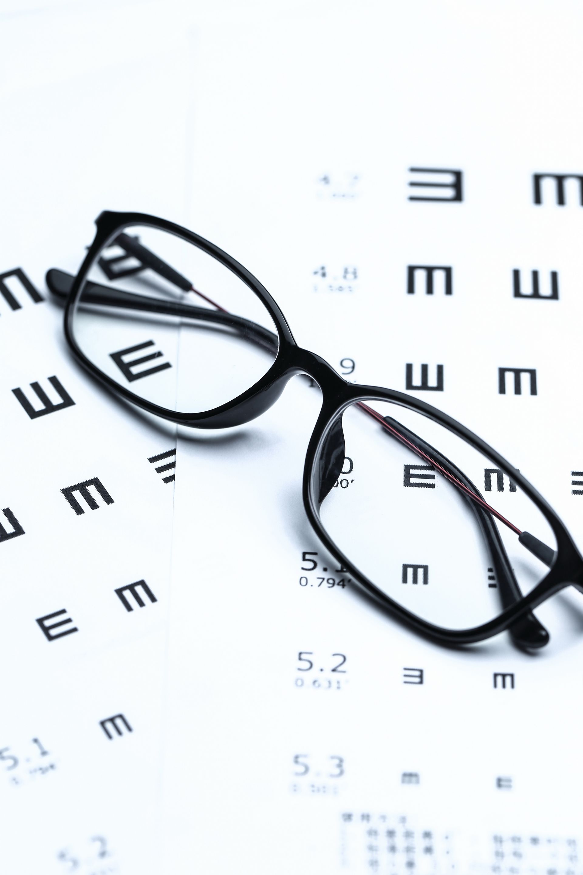 A pair of glasses sitting on top of an eye chart