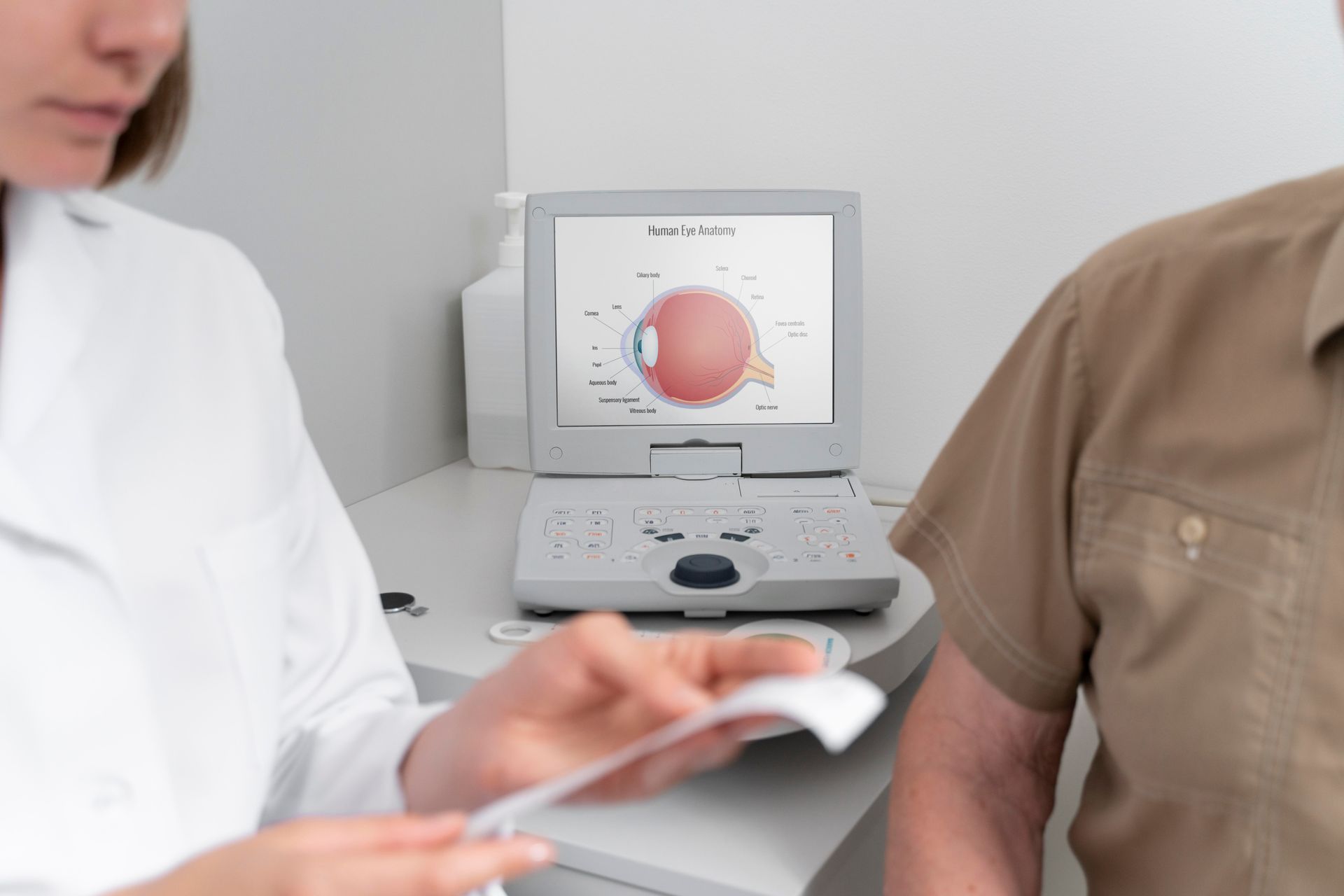 A woman is holding a piece of paper in front of a computer screen showing a diagram of an eye