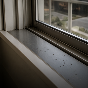 Dust specks on a white windowsill beside a window with a blurred view outside