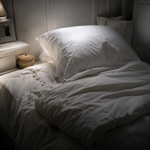 White bed with rumpled sheets and a pillow in a dimly lit bedroom beside a bedside table