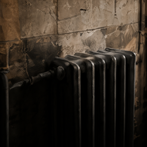 Old black radiator against a cracked, peeling wall in a dim room