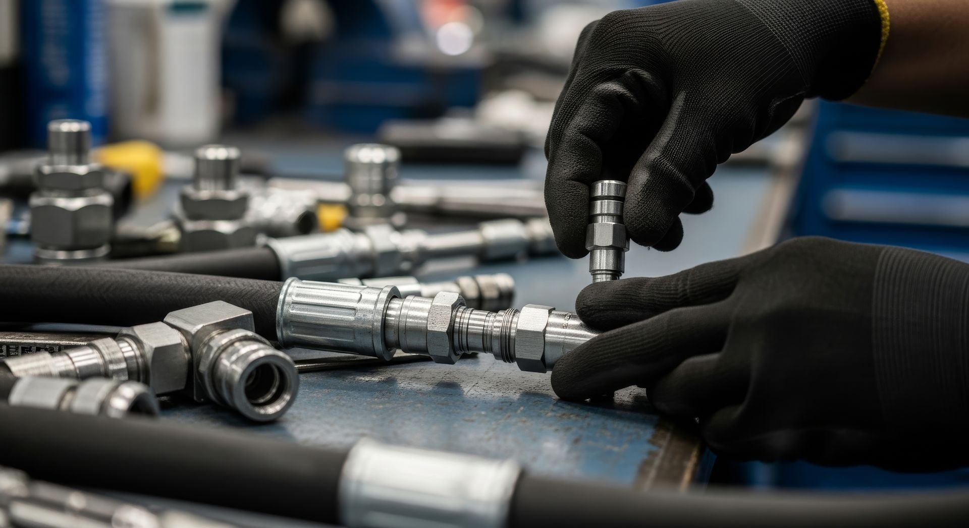Gloved hands assembling hydraulic hoses and fittings on a workbench. Gloved hands assembling hydraulic hoses and fittings on a workbench.