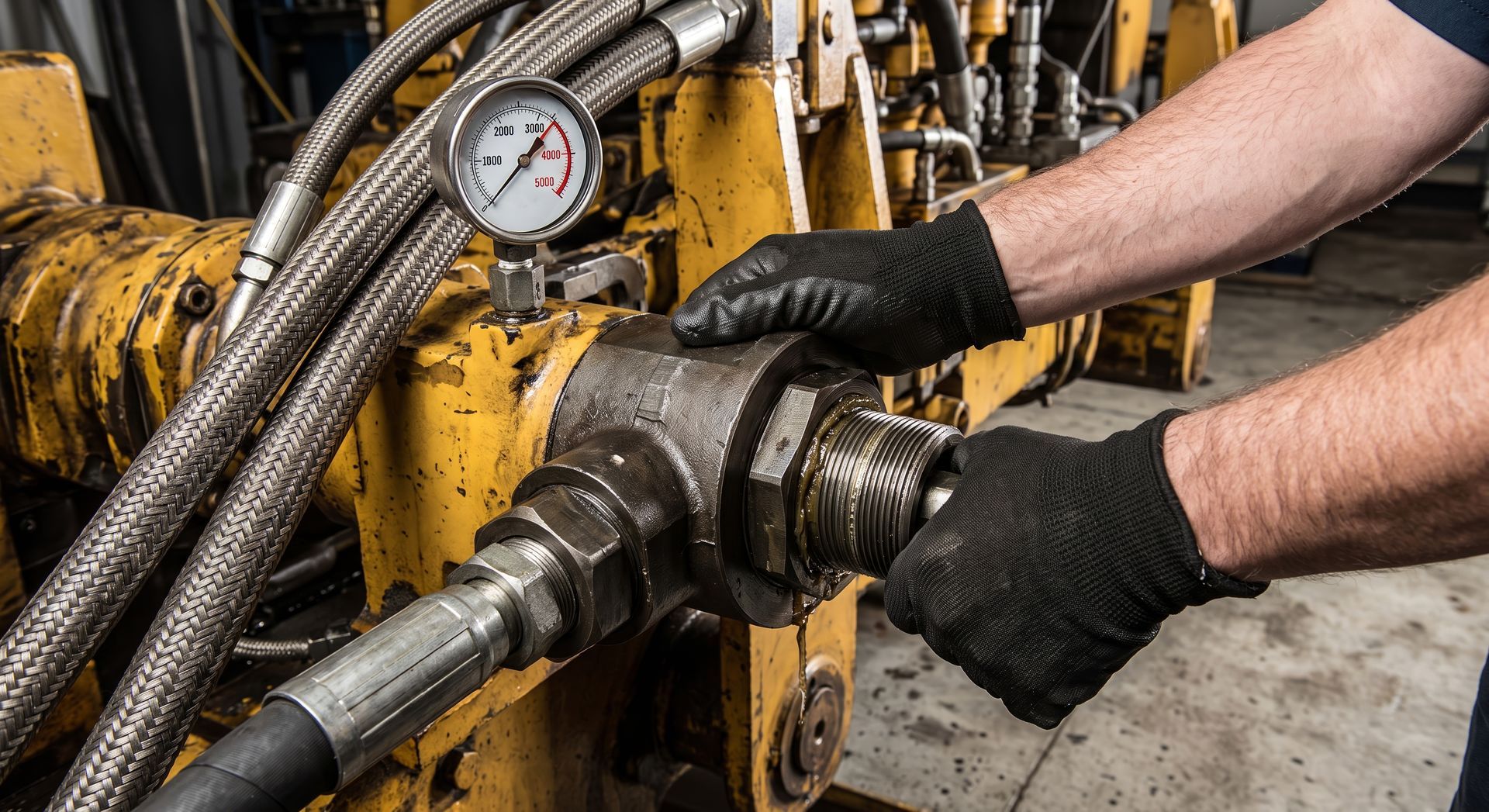 Technician in gloves tightening hydraulic fittings on industrial equipment with pressure gauge visible Technician in gloves tightening hydraulic fittings on industrial equipment with pressure gauge visible