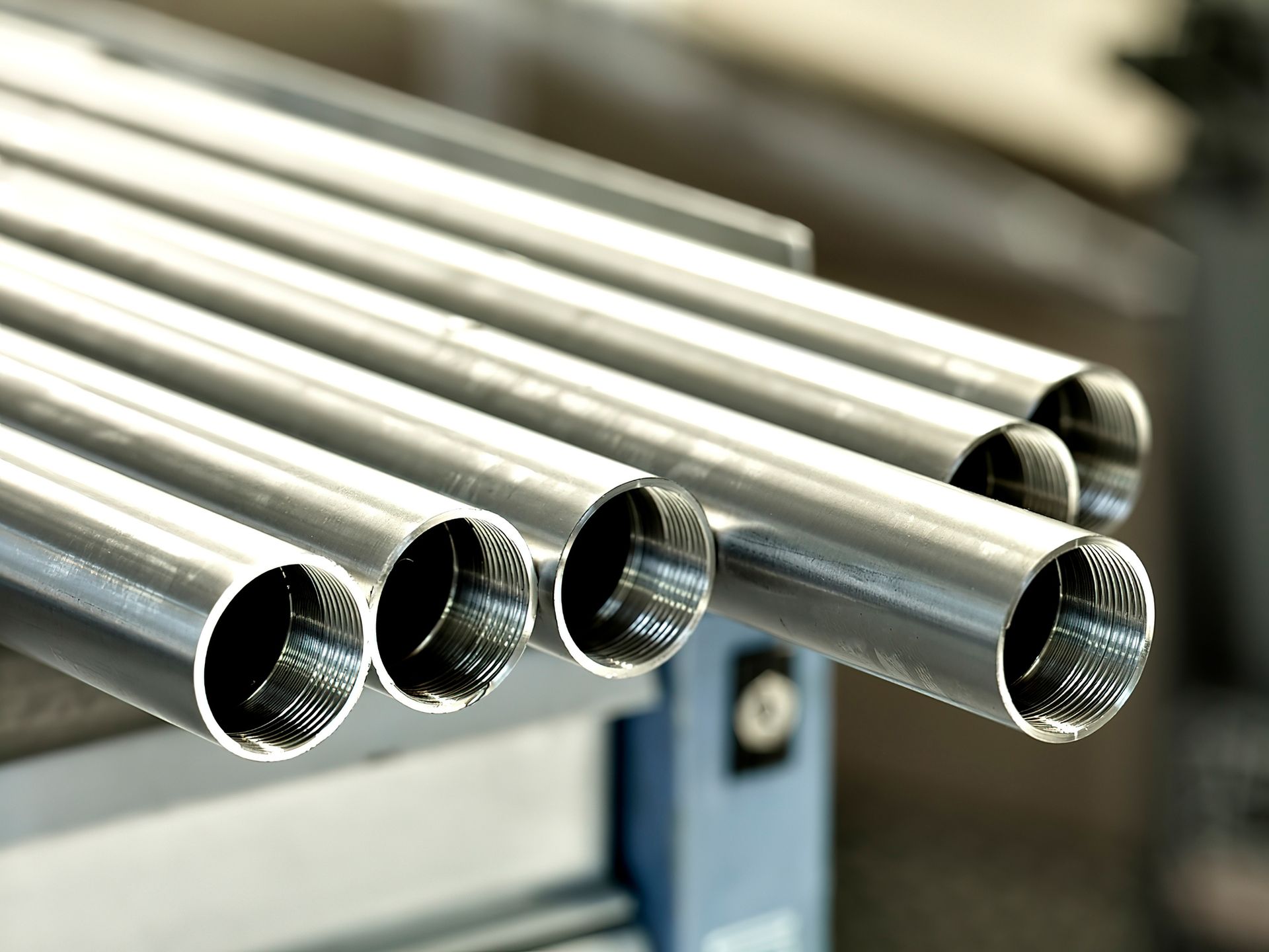 Close-up of several shiny, hollow metal tubes, likely pipes or rods, stacked on a surface, with visible internal threading.