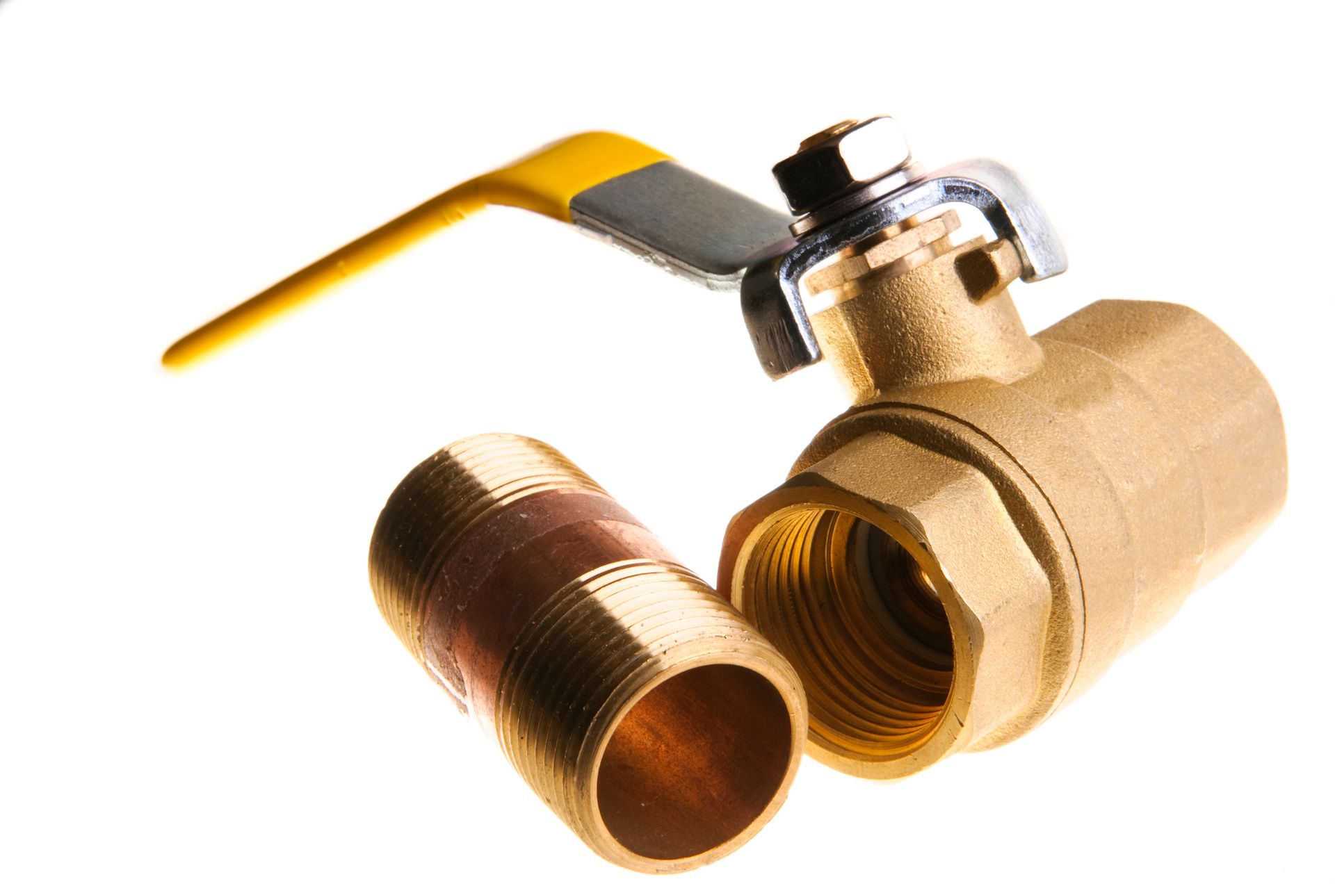 Brass ball valve with a yellow handle and a brass fitting, on a white background.