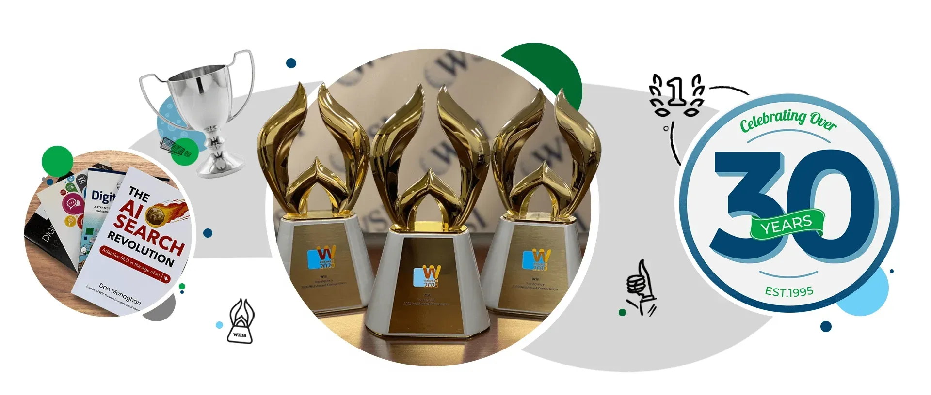 Three gold trophies, a card labeled 