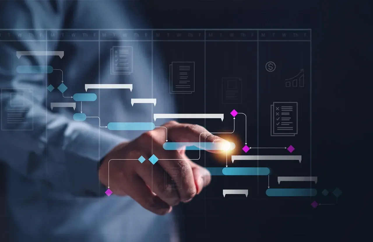 A person points to a glowing digital project timeline chart with blue bars and icons on a dark, professional background.