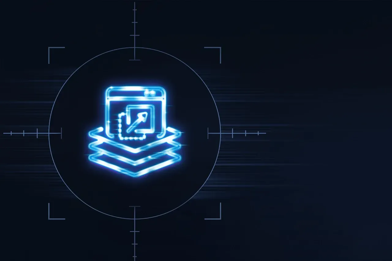 A glowing blue icon featuring a window with an arrow, layered over stacked rectangles, centered in a circular scope.