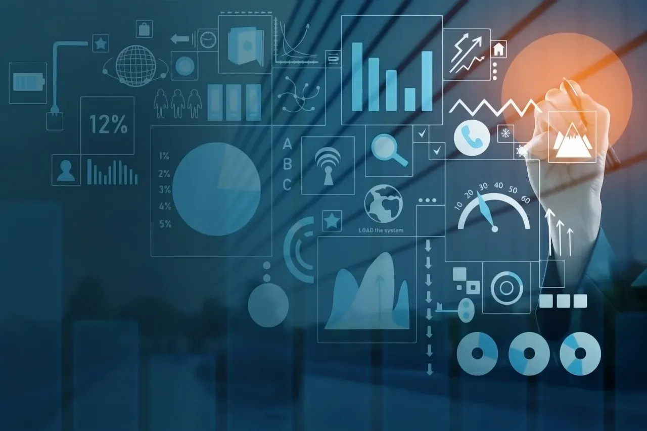 A hand interacting with a digital interface filled with glowing blue data charts, graphs, and icons.