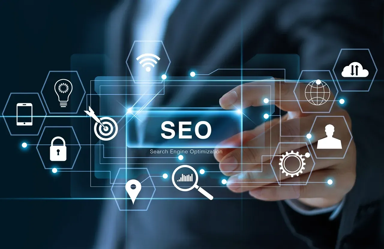 A person in a suit interacts with a glowing, blue digital interface showing the text 