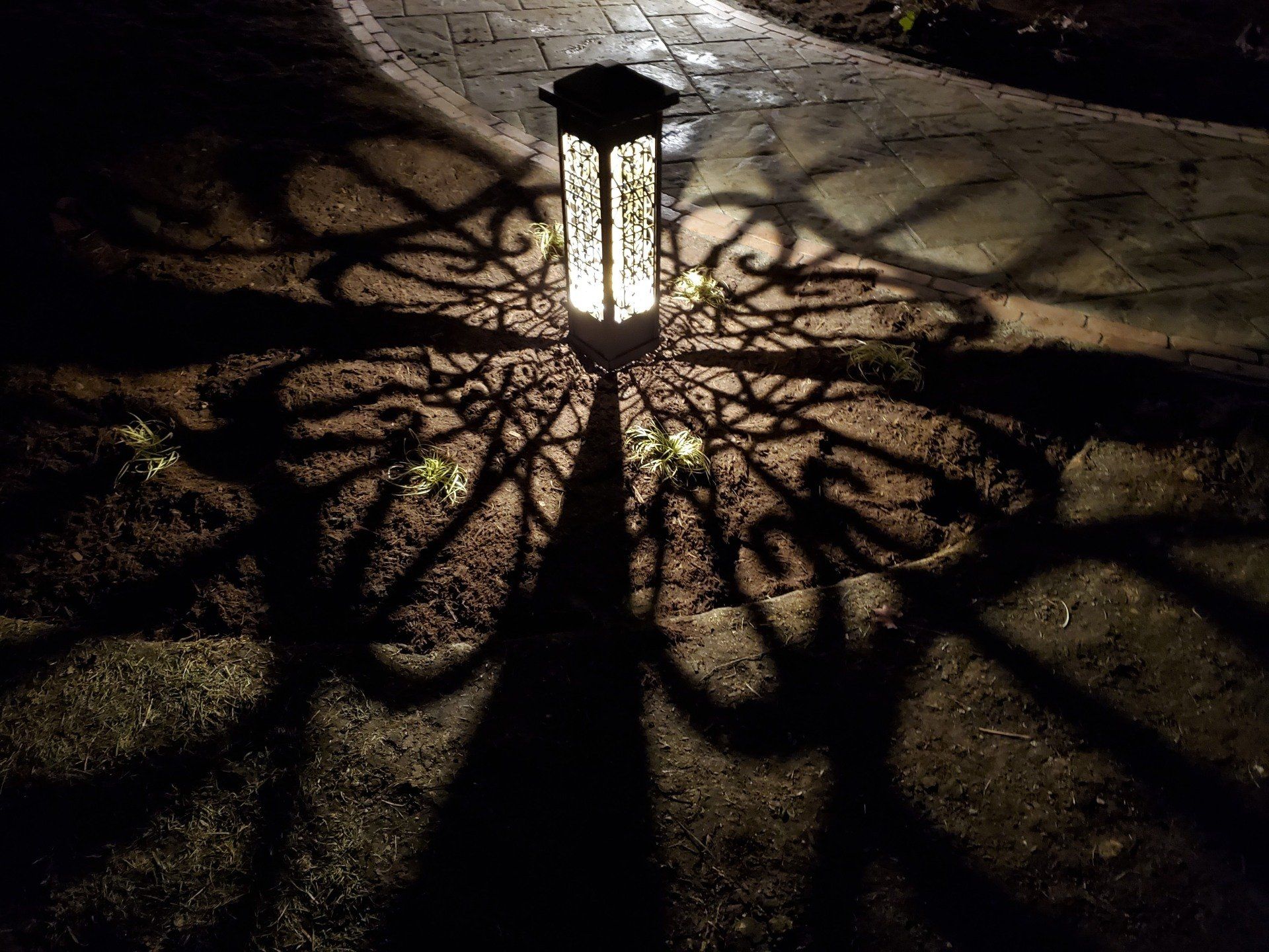 A lantern is casting a shadow on the ground at night.