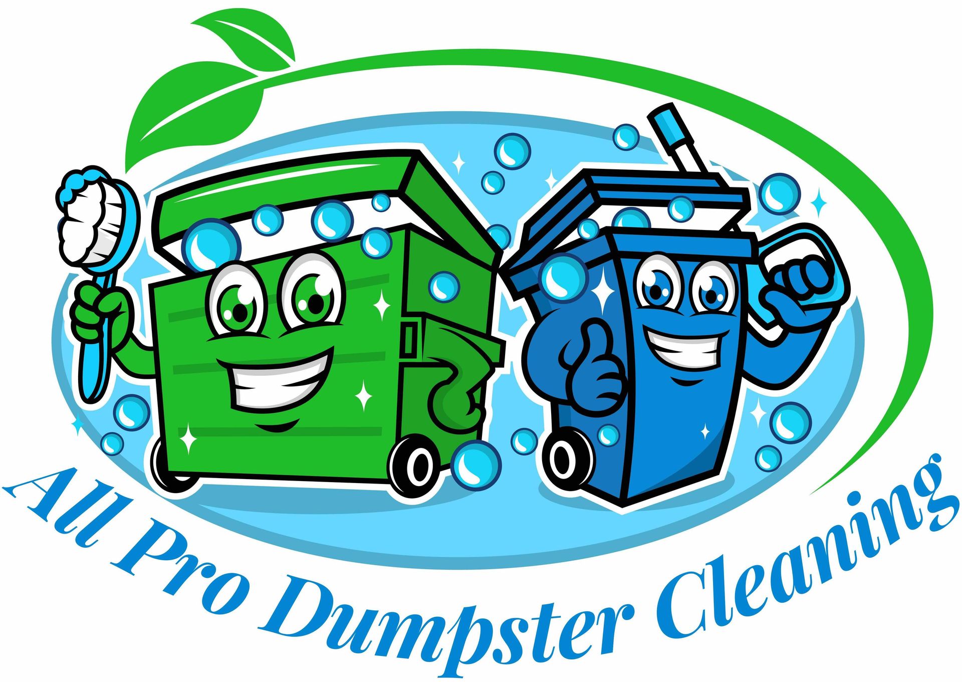 The logo for all pro dumpster cleaning shows a green dumpster and a blue dumpster.