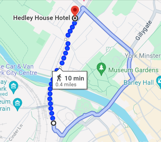 A map showing a route to the hedley house hotel