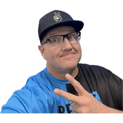 Person in glasses and a black cap making a peace sign, wearing a blue and black shirt.