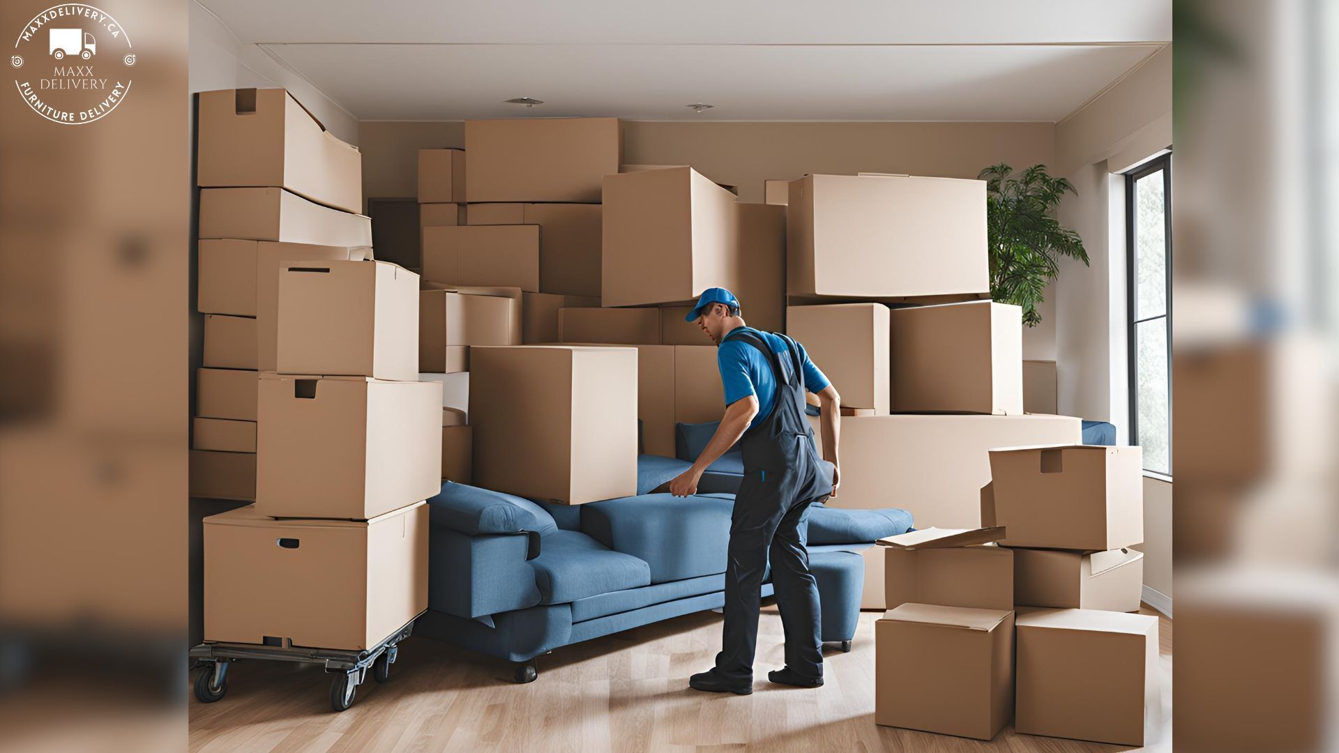 Movers surrounded by boxes while moving customers from Toronto condo and one blue couch -  single item movers Toronto