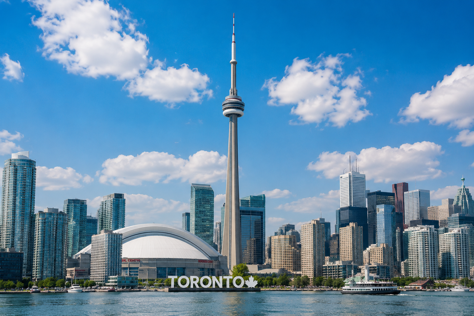 Toronto skyline with CN Tower over the waterfront under a blue sky